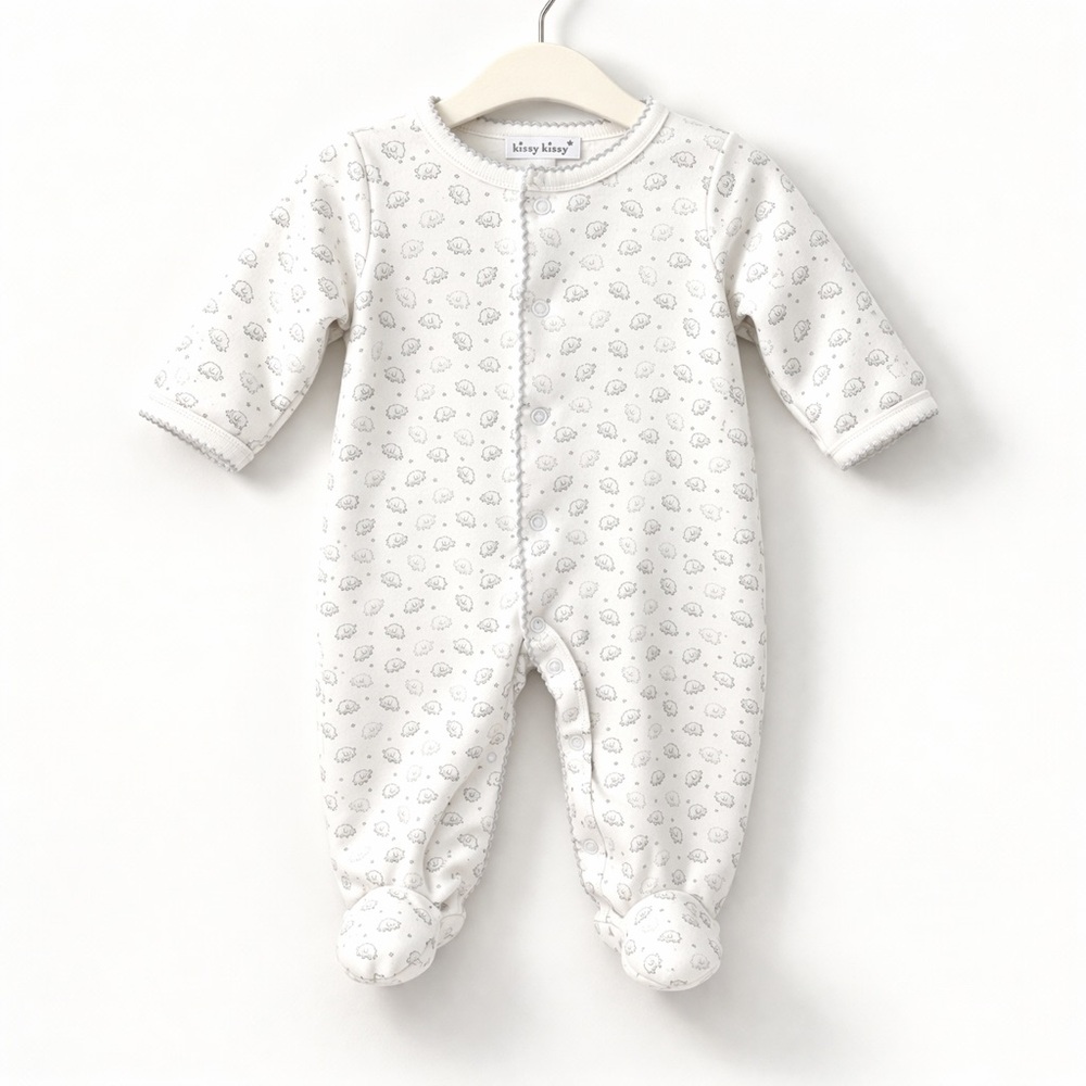 Kissy Kissy Elephant Print Footed Pajamas Newborn Ivory Pima Cotton